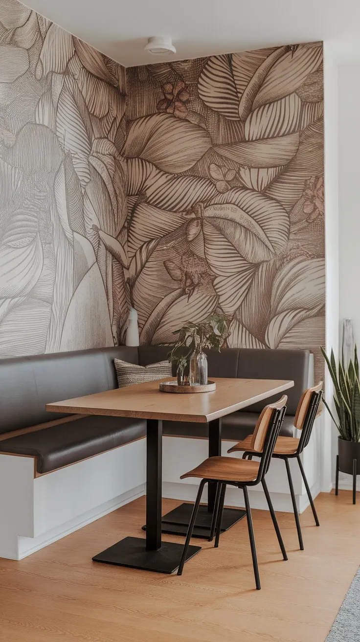 This modern dining nook, perfect for a small apartment, transforms a corner nook into a cozy breakfast nook and even a quiet reading nook. The banquette nook adds extra seating to this stylish dining area.
