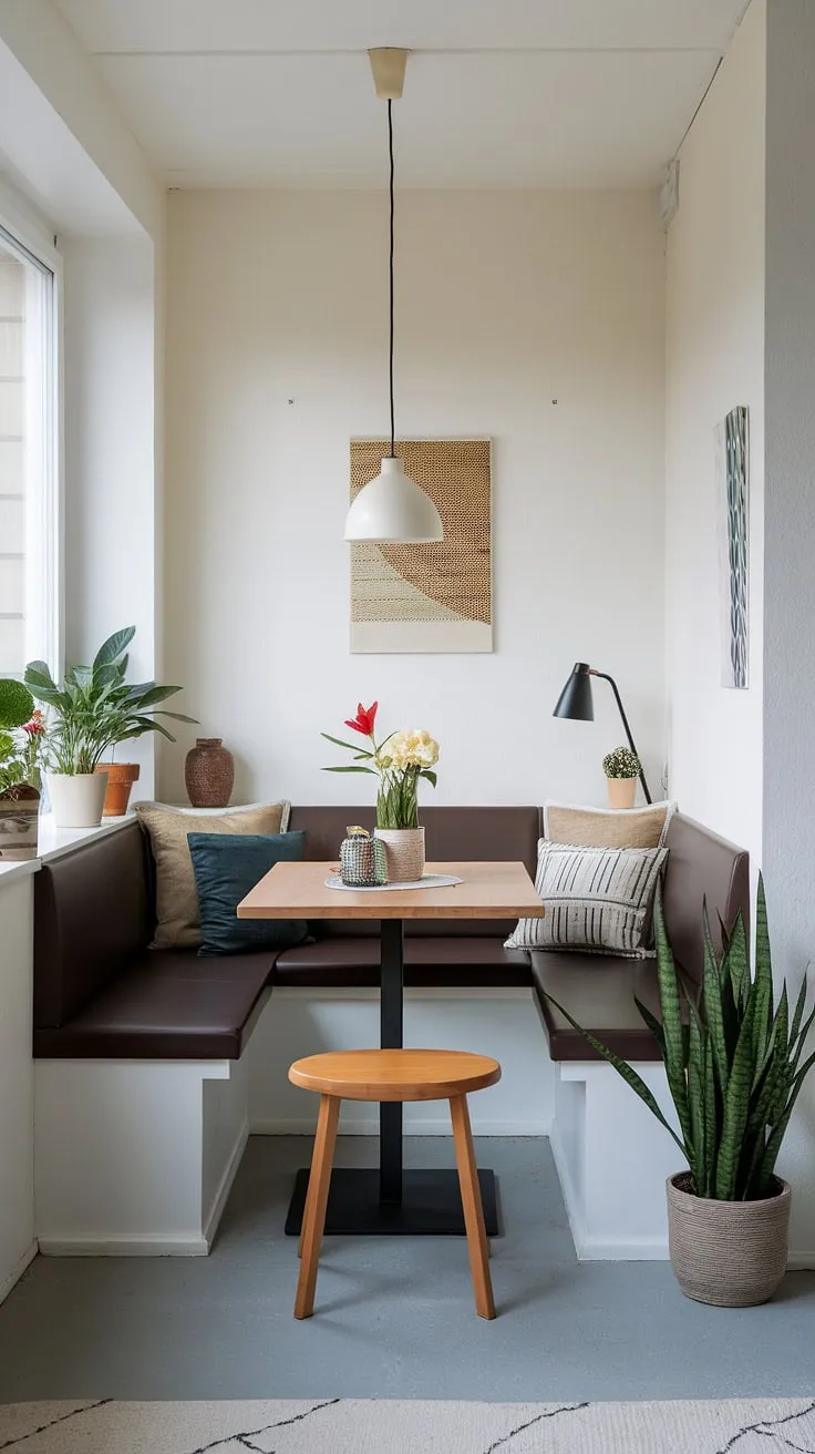 Sunlight streams into this cozy corner nook, transforming this small apartment dining nook into a versatile space. The modern dining nook, complete with a banquette seating and wooden table, easily transitions from breakfast nook to a quiet reading nook, proving that even the smallest dining area can be stylish and functional.