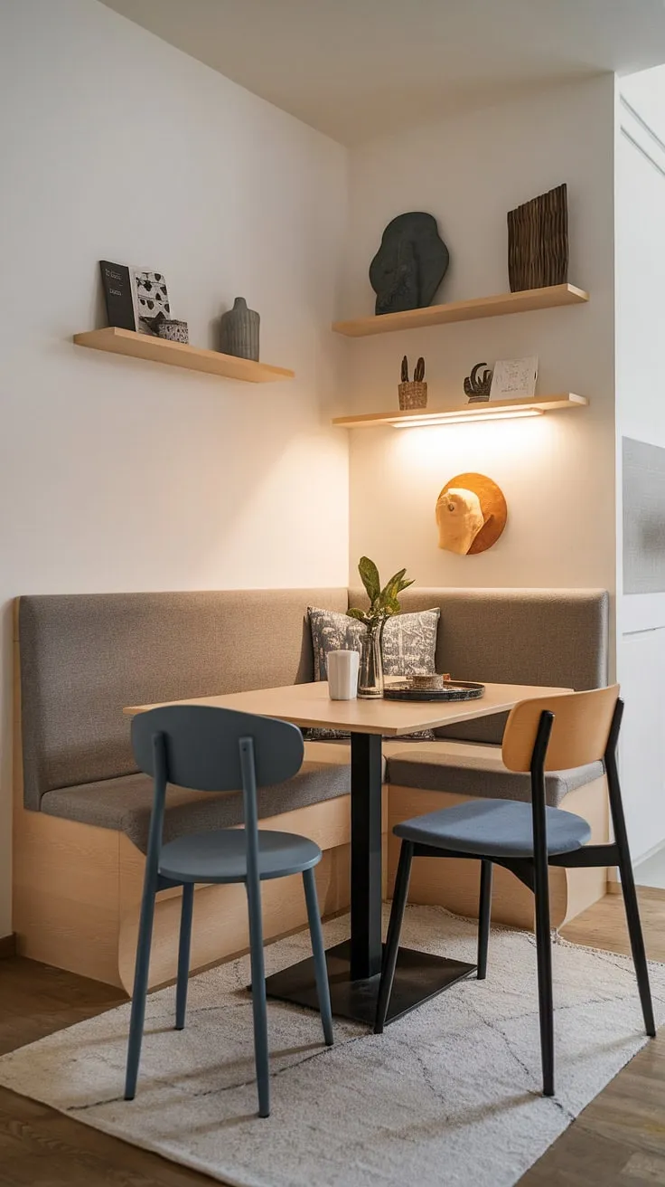 Cozy corner nook transformed into a perfect modern dining nook; this small apartment dining area proves that even a breakfast nook can be a stylish reading nook and a delightful banquette nook.