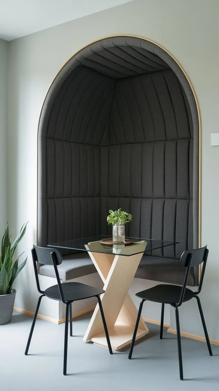 This modern dining nook, perfect for a small apartment, transforms a corner into a cozy breakfast nook, reading nook, and stylish dining area. The banquette seating maximizes space, creating the ultimate corner nook.