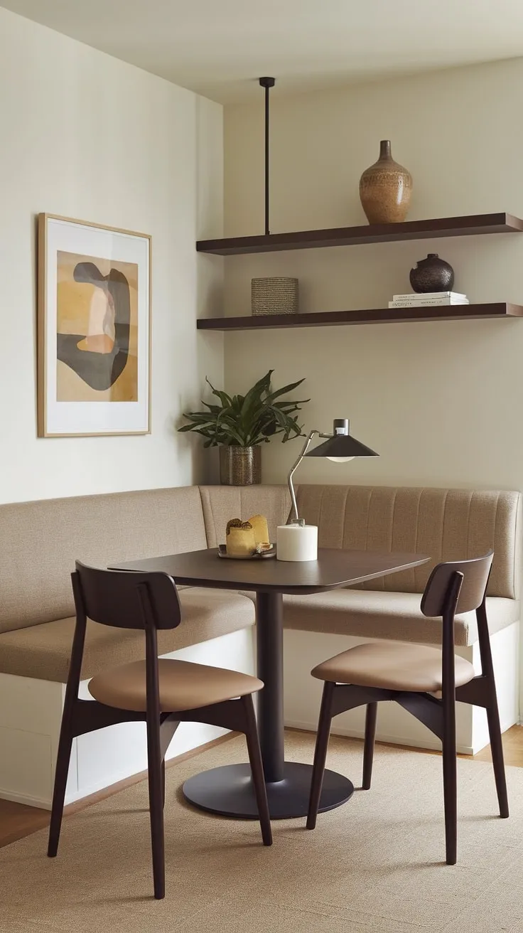 This cozy corner nook, a perfect blend of modern dining nook and reading nook, maximizes space in this small apartment dining nook. The banquette seating and dark wood table create a stylish dining area, while the potted plant and lamp add a touch of warmth to this breakfast nook.