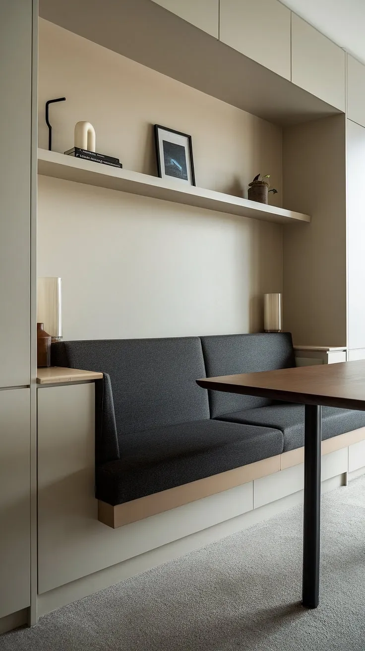 This modern dining nook, perfect for a small apartment, maximizes space with a stylish banquette seating area in dark gray fabric and a beige base. The corner nook effortlessly transitions from a breakfast nook to a cozy reading nook, while the adjacent wooden table completes this efficient dining area.
