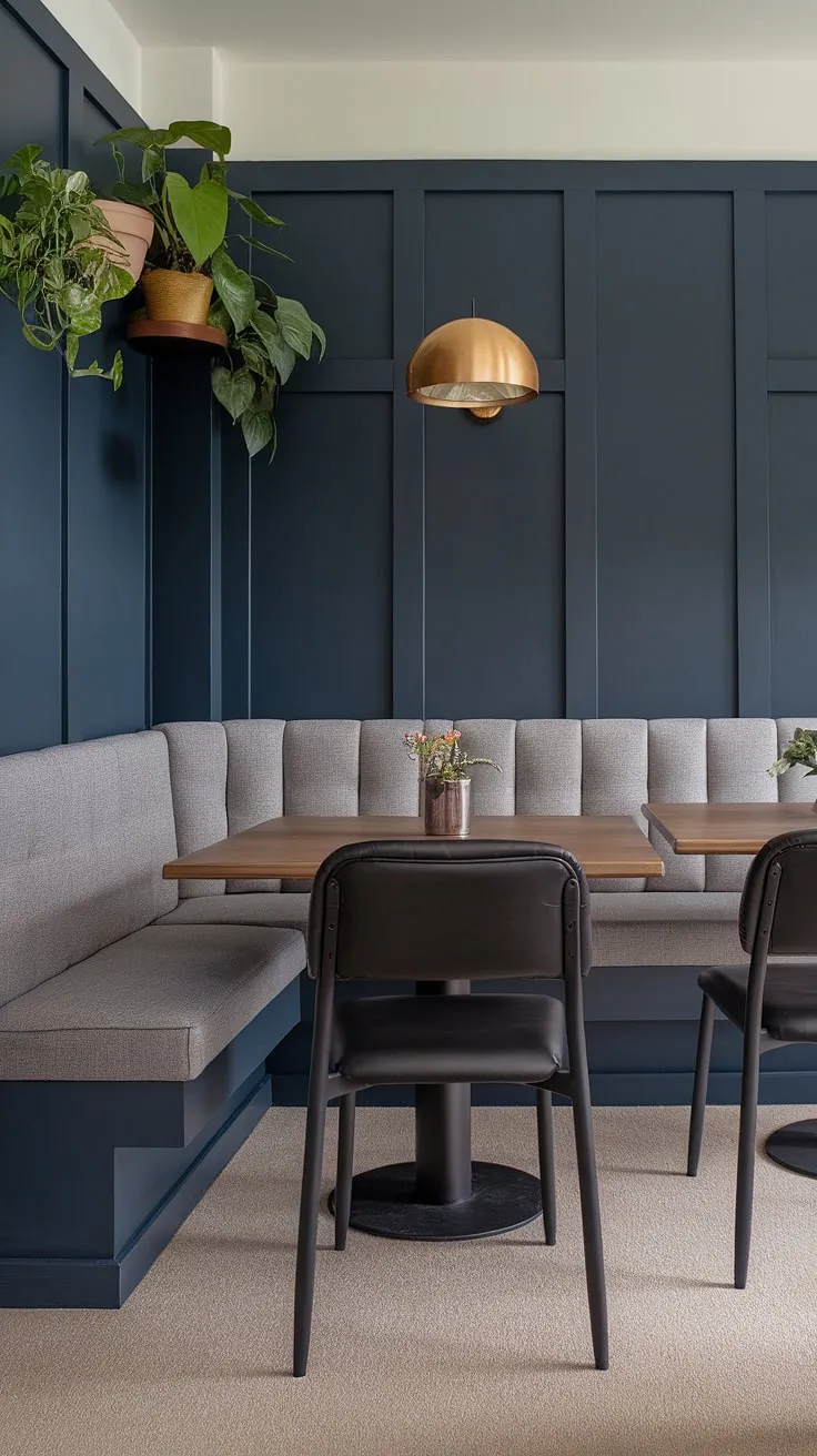 This modern dining nook, perfect for a small apartment, transforms a corner into a cozy breakfast nook, reading nook, and stylish dining area. The banquette nook offers ample seating.