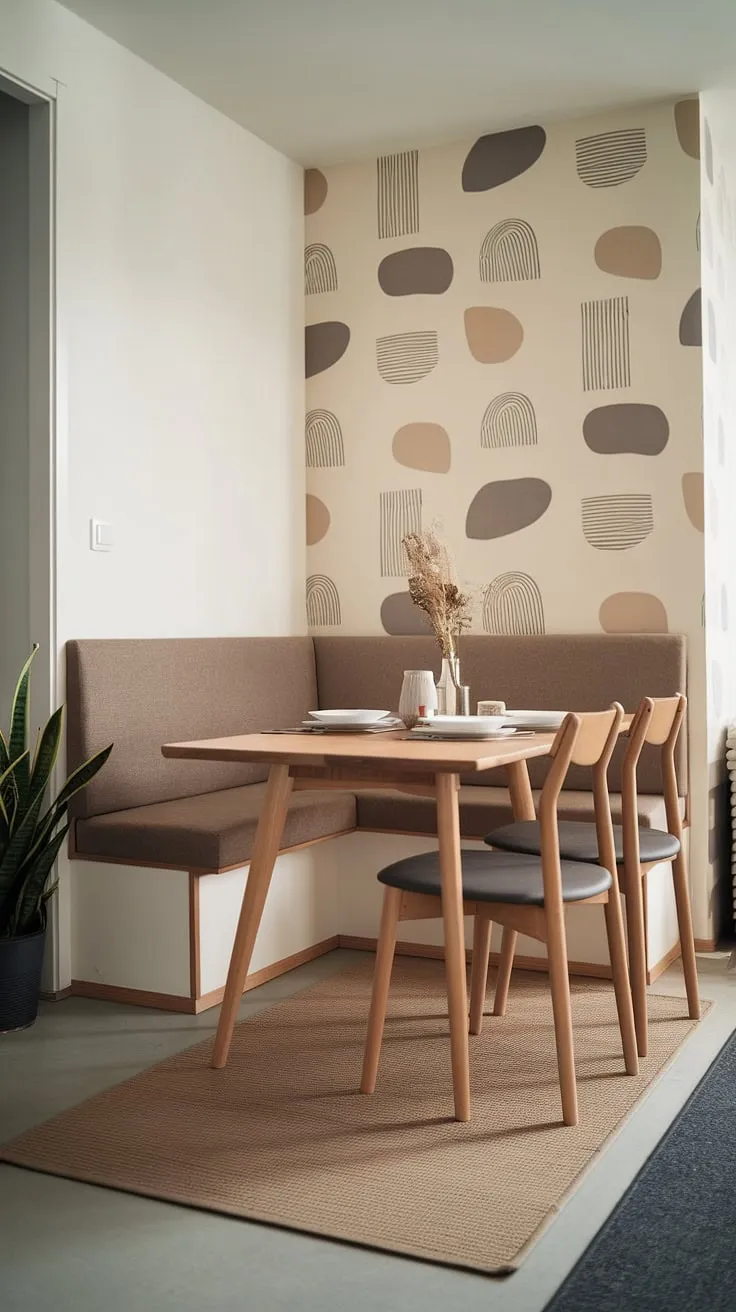 Sunlight streams into this cozy modern dining nook, perfectly transforming this small apartment dining area into a versatile space. The banquette seating offers a comfortable spot for breakfast, while the corner nook provides a quiet reading nook. The abstract wall art complements the wooden dining table and chairs, creating a stylish and functional banquette nook.