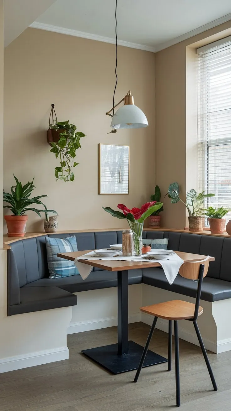 This banquette nook cleverly maximizes space in this small apartment, creating a delightful modern dining nook. The corner nook, bathed in soft light, is perfect for both intimate dinners and quiet moments with a book, easily transitioning from breakfast nook to reading nook. The simple wooden table and white tablecloth add a touch of elegance to this functional dining area.