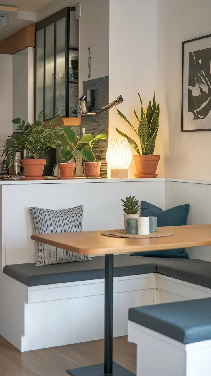 This modern dining nook, perfect for a small apartment, transforms a corner into a cozy breakfast nook, reading nook, and stylish dining area all in one. The banquette nook maximizes space and comfort.