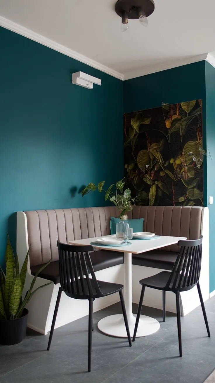 Maximize space and style in your small apartment with this banquette dining nook. A deep teal wall sets the scene for this modern dining nook, ideal as a breakfast nook or quiet reading nook in your corner.