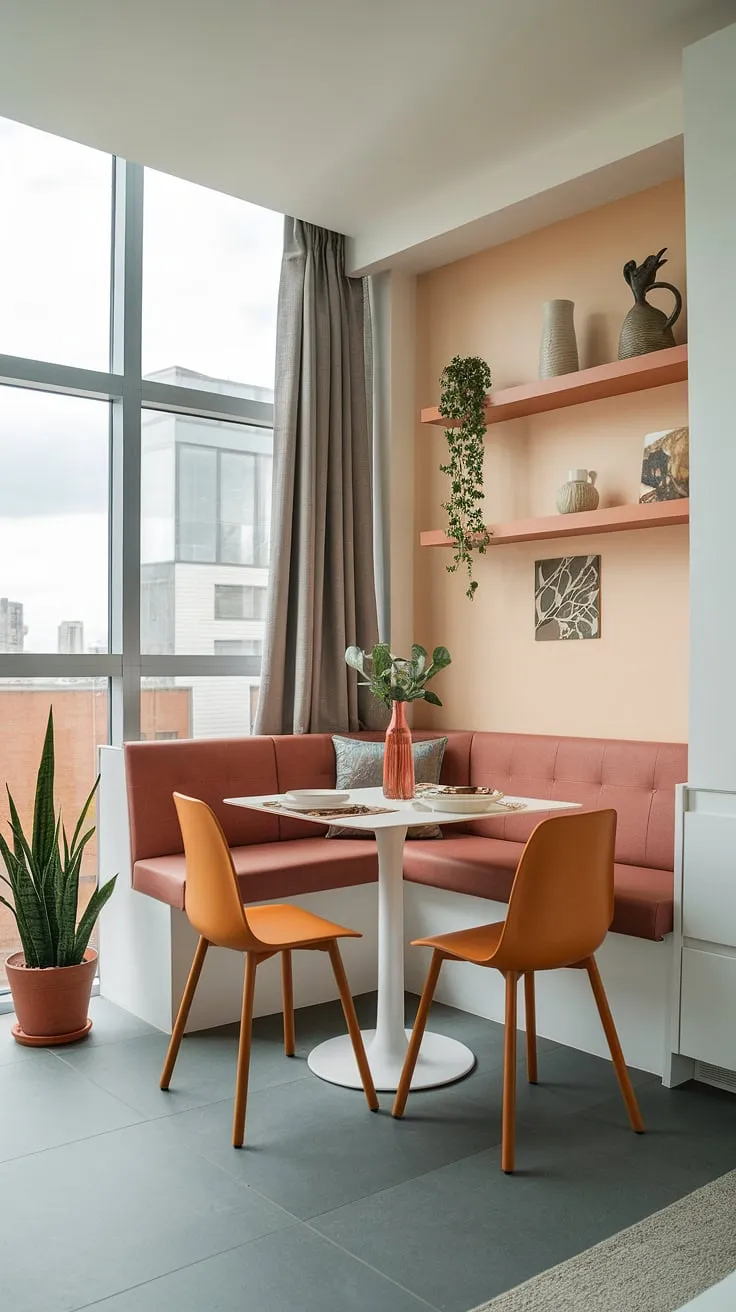 Sunlight streams into this cozy modern dining nook, perfectly transforming this small apartment's corner nook into a cheerful breakfast nook and reading nook. The white table and vibrant orange chairs pop against the banquette seating, creating a stylish and functional dining area. A potted plant adds a touch of nature to this cleverly designed small apartment dining nook.