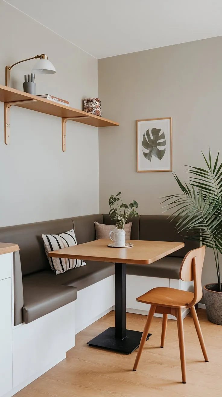 Maximize your small apartment's potential with this stylish corner nook. A perfect blend of modern dining nook and cozy reading nook, this banquette seating and wooden table create the ideal breakfast nook and dining area.