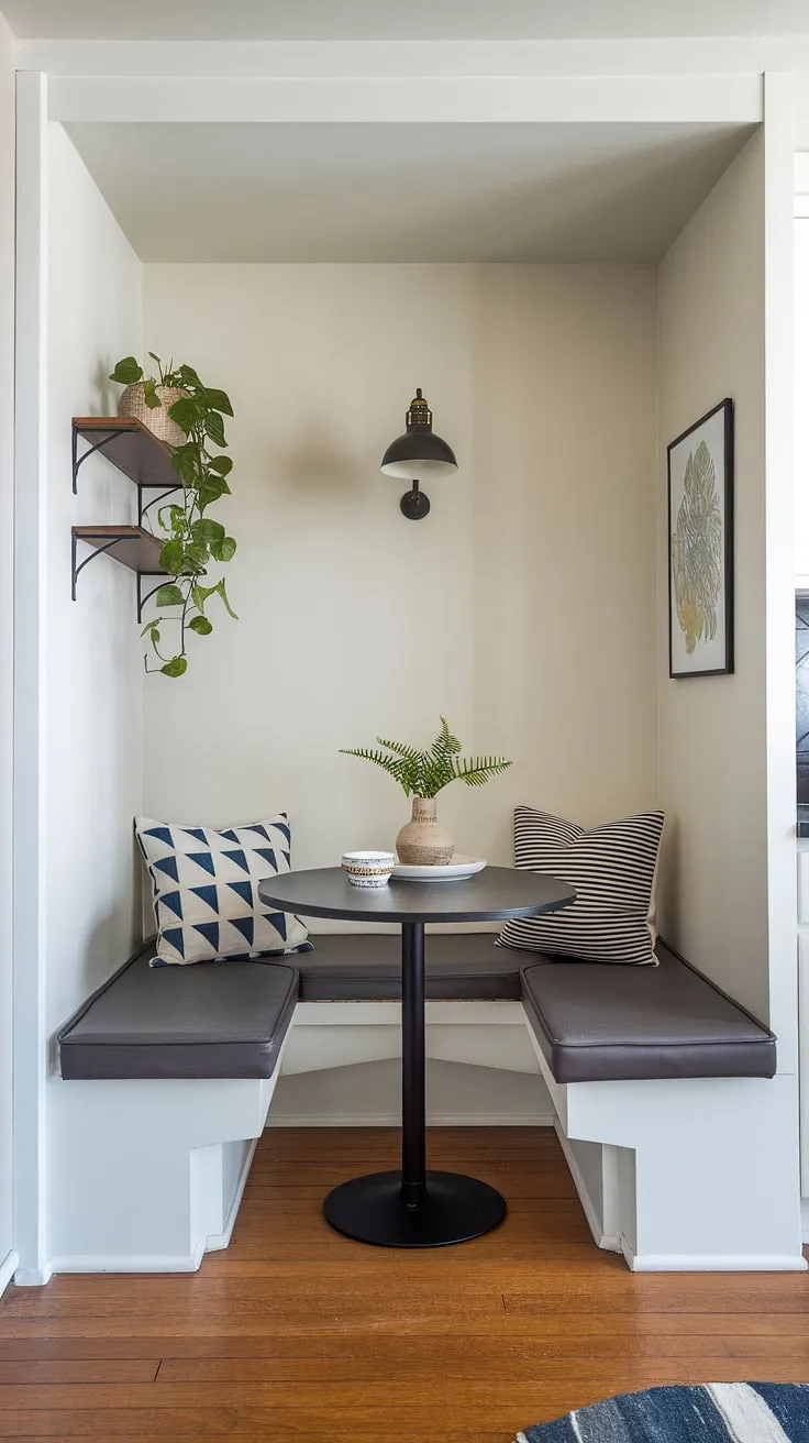 This modern dining nook, perfect for a small apartment, transforms a corner into a cozy breakfast nook, reading nook, and stylish dining area all in one. The banquette nook maximizes space and comfort.