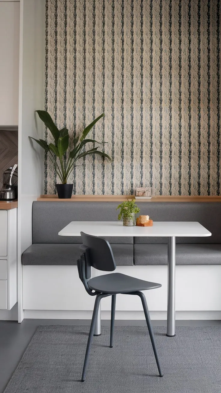 This modern dining nook, perfect for a small apartment, maximizes space and style. The gray banquette seating, white table, and patterned wallpaper create a cozy and inviting breakfast nook, easily transforming into a quiet reading nook when desired. The corner nook is completed with a touch of greenery and a gray rug, defining this compact dining area.