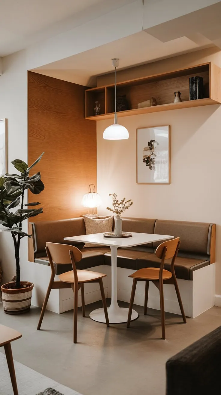 Maximize space and style in your small apartment with this cleverly designed banquette nook. This modern dining nook serves as a versatile breakfast nook and even a quiet reading nook, thanks to its comfortable seating and inviting ambiance. The corner nook is perfectly illuminated by a floor lamp, creating a warm and welcoming dining area.