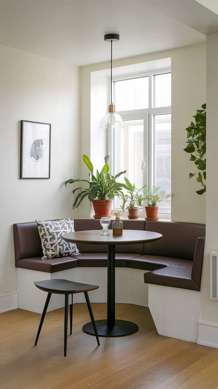 Maximize space and style with this small apartment dining nook. A banquette and round table create the perfect modern dining nook, easily transitioning into a quiet reading nook or sunny breakfast nook in this corner area.