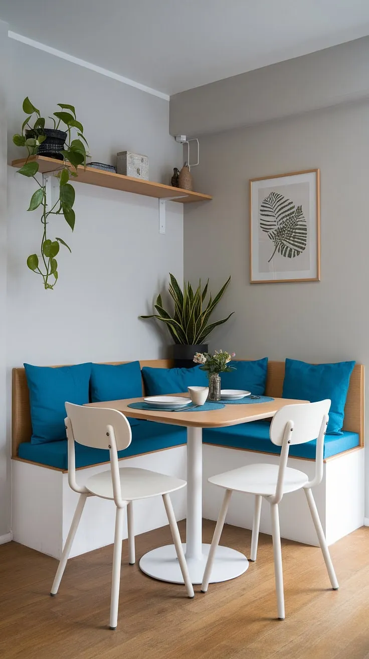 A stylish and functional modern dining nook in a small apartment. This corner nook features a comfortable banquette nook with blue cushions and white chairs, perfect for enjoying meals or curling up with a book. The simple white table and wooden shelving complete the look of this compact yet inviting breakfast nook and reading nook, all within a cleverly designed dining area.