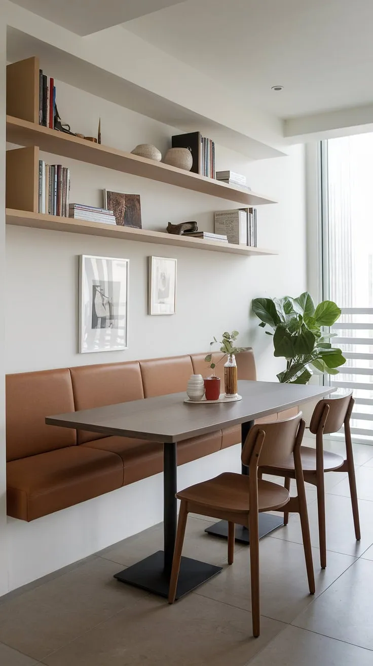 A cleverly designed banquette nook transforms this small apartment's corner into a charming breakfast nook and dining area. The long wooden table easily seats four, while the built-in seating saves space. With added shelving for books and decorative items, this small apartment dining nook is both stylish and functional, a perfect reading nook for quiet mornings.