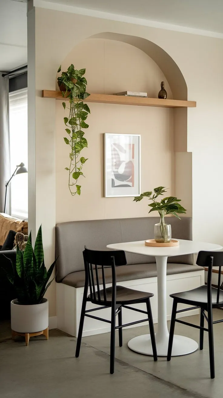 This modern dining nook, tucked perfectly into a corner of a small apartment, offers a surprisingly spacious dining area. The banquette seating maximizes space, while the built-in shelving and potted plants add personality. Imagine enjoying a quiet breakfast or curling up with a book in this charming breakfast nook—the perfect reading nook in a stylish, small apartment.
