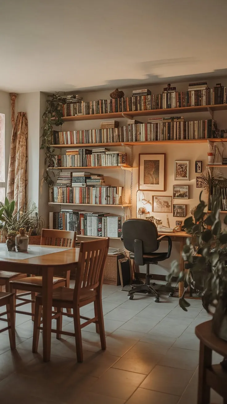 This stunning dining room library combo seamlessly integrates a cozy home library design into a functional dining room, creating the ultimate home libraries experience.
