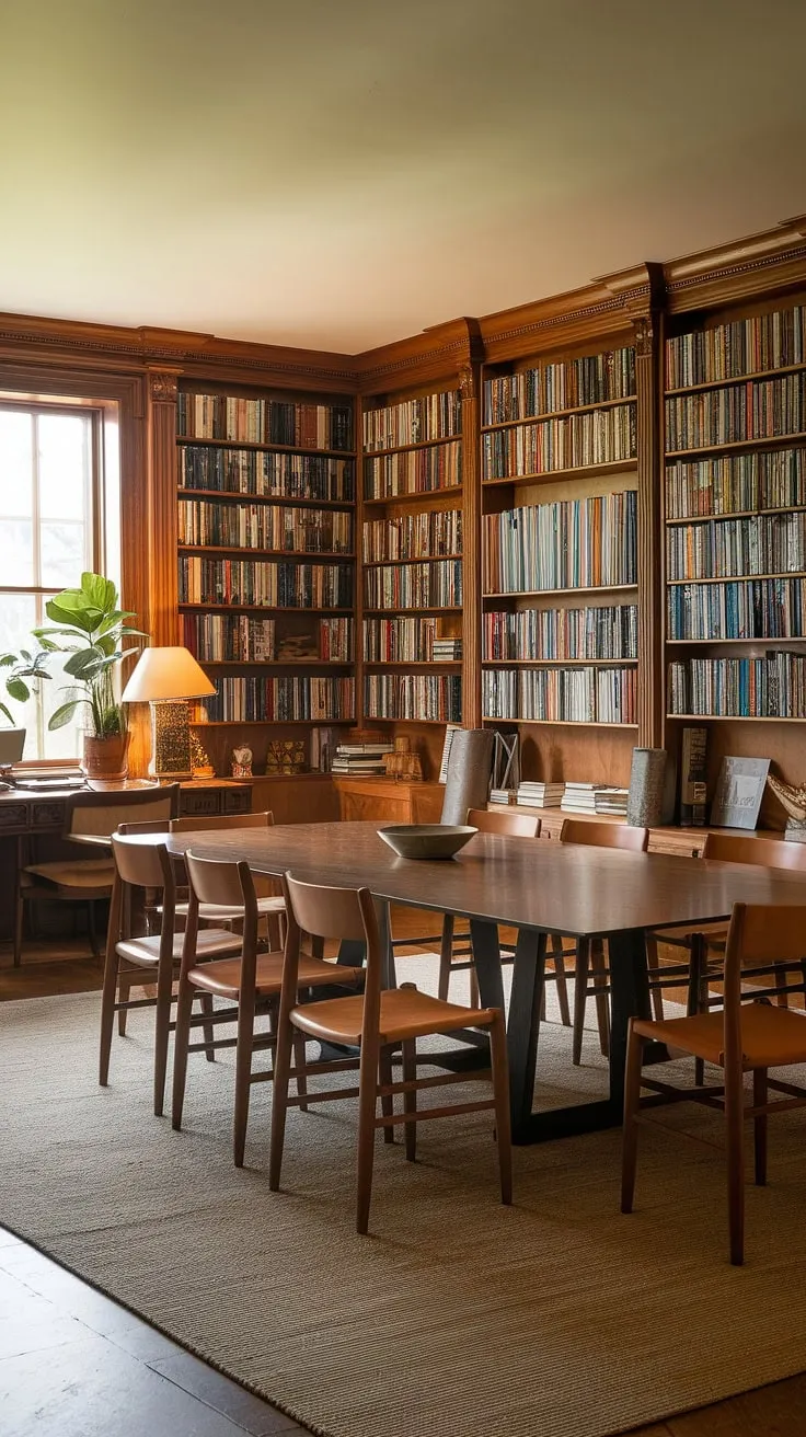 A seamless fusion of function and style: this dining room combo effortlessly combines a home library design with a comfortable dining room, showcasing the beauty of home libraries in a unique dining room office setting.