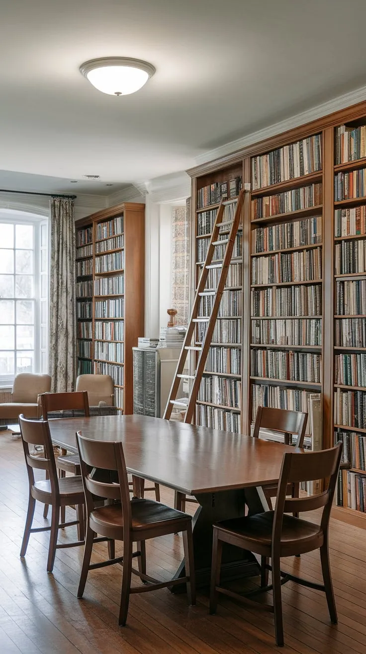 This stunning dining room library seamlessly integrates the warmth of a traditional dining room with the intellectual charm of a home library. The clever dining room combo design maximizes space, creating a functional and aesthetically pleasing environment. Note the thoughtful library design elements, including the strategically placed ladder for easy access to this impressive collection of books, making it a true showpiece of home libraries.