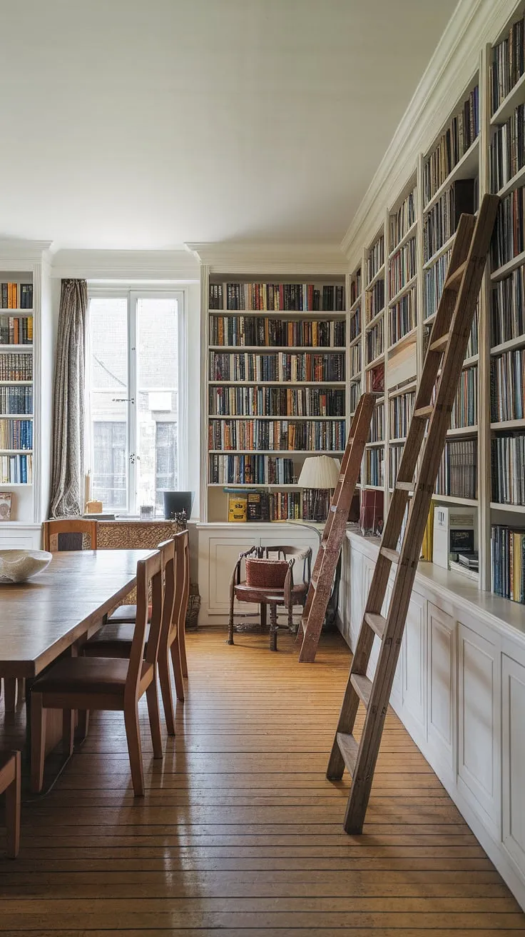 Where culinary delights meet literary adventures: this dining room library combo is the perfect blend of home library design and dining room office functionality.