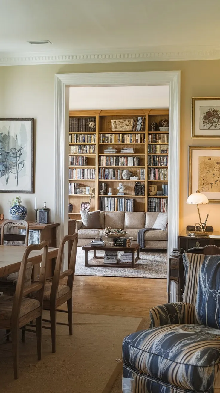 Where culinary delights meet literary escapes. This dining room library combo seamlessly blends the joy of dining with the comfort of a home library design, creating a space perfect for both work and relaxation in this stunning dining room office.