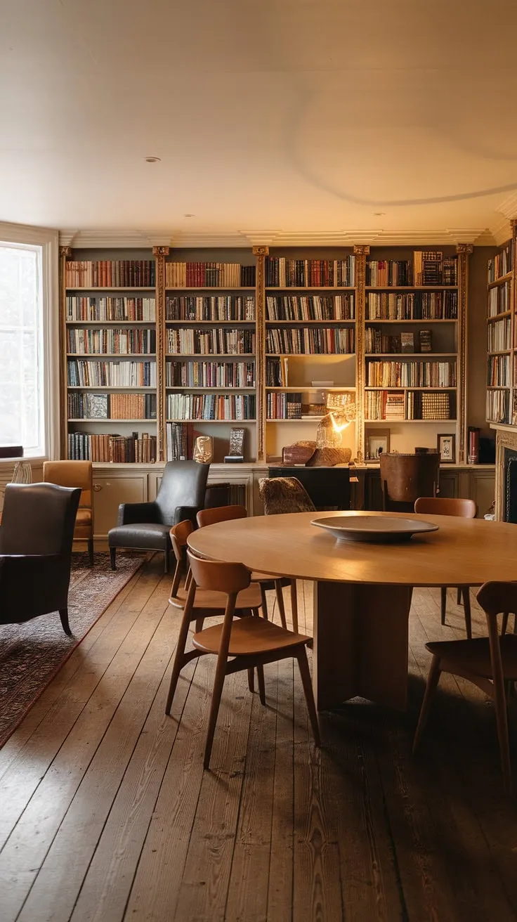 Warm lighting illuminates this inviting dining room library combo, where a large round table anchors the space amidst built-in bookshelves overflowing with literary treasures. The home library design seamlessly integrates with the dining area, creating a sophisticated dining room office perfect for both meals and quiet contemplation. This home libraries concept offers the best of both worlds, blending functionality and style.