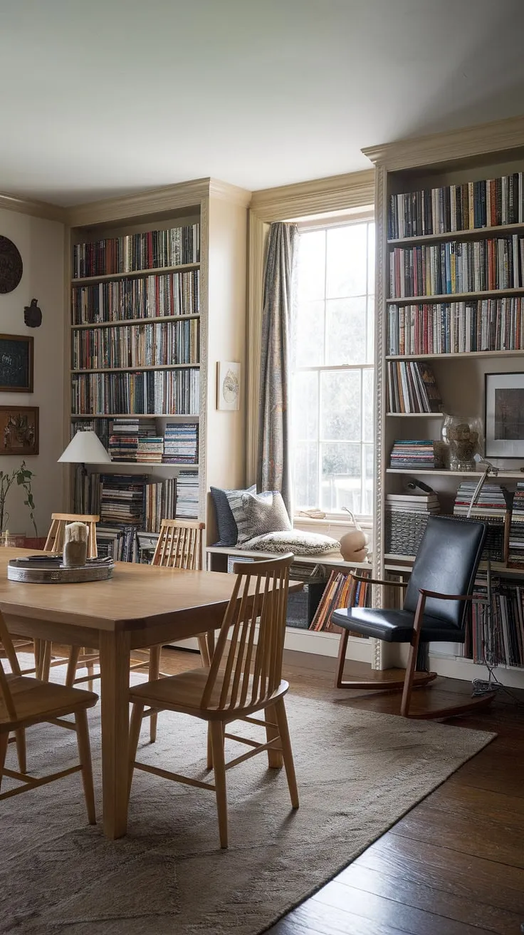 A seamless transition between dining room and home library. This stunning dining room library combo showcases a unique home libraries design, effortlessly merging the practicality of a dining room combo with the charm of a dedicated reading nook.