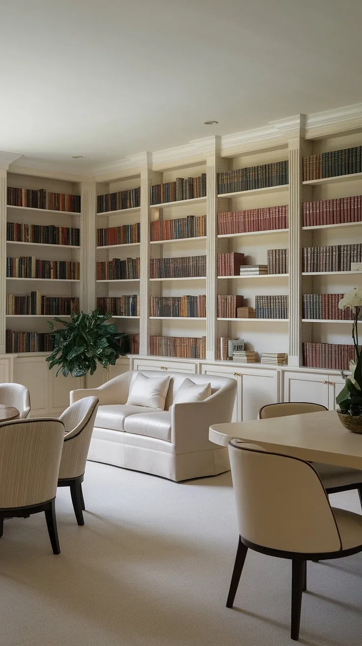 Where dining meets literature: This stunning dining room library combo offers the perfect blend of comfort and intellectual stimulation. A home library design dream, it seamlessly integrates a dining room office space.