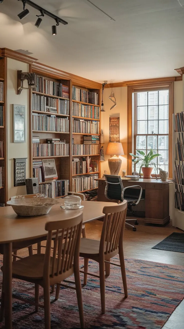 Warm lighting bathes this inviting dining room library combo, where a rustic wooden table and chairs sit ready for meals, overlooking built-in bookshelves brimming with literary treasures. The adjacent desk area, a perfect dining room office, provides a quiet workspace, enhanced by a potted plant and natural light from the window. This home library design seamlessly blends functionality and style, creating a truly unique space. The overall effect is a cozy and productive home libraries environment.