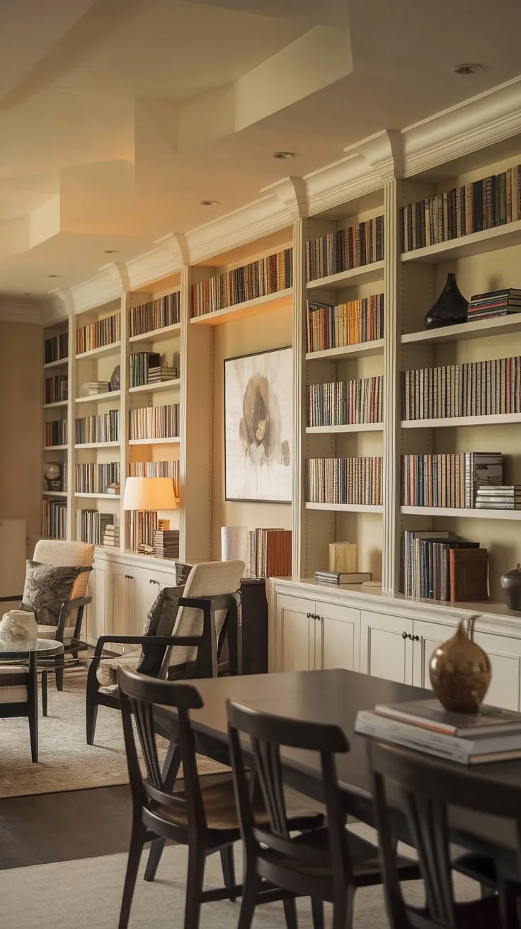 This stunning dining room combo showcases a clever home library design. The rich dark wood dining table and chairs are beautifully complemented by the extensive bookshelves, creating a sophisticated dining room library. A few carefully chosen decorative items add personality to the shelves, while comfortable seating in the library section provides a quiet reading nook. This home libraries concept successfully integrates a dining room office into a cohesive and elegant space.