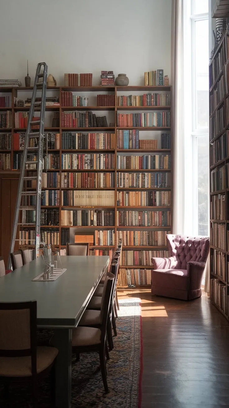 This home library design is the epitome of sophisticated living. The dining room library combo features a spacious dining area perfectly integrated with extensive bookshelves, creating a haven for both culinary gatherings and literary pursuits. A ladder leans against the shelves, hinting at the vast collection within, while a comfortable reading chair offers a quiet corner for contemplation. The high ceilings and natural light enhance the overall ambiance of this exceptional dining room office and home libraries combination.