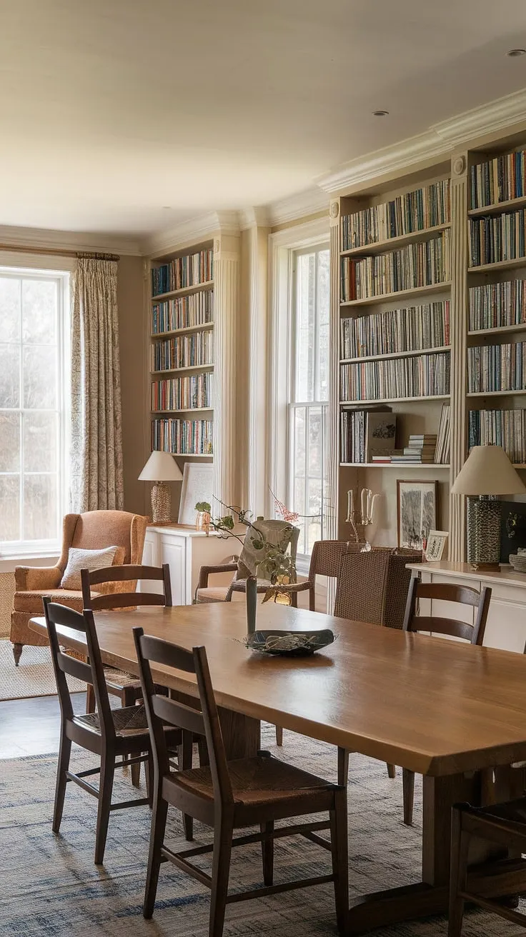 A haven for bookworms and foodies alike. This stunning dining room library combo showcases the best of home libraries and clever dining room combo ideas, creating a truly unique library design.