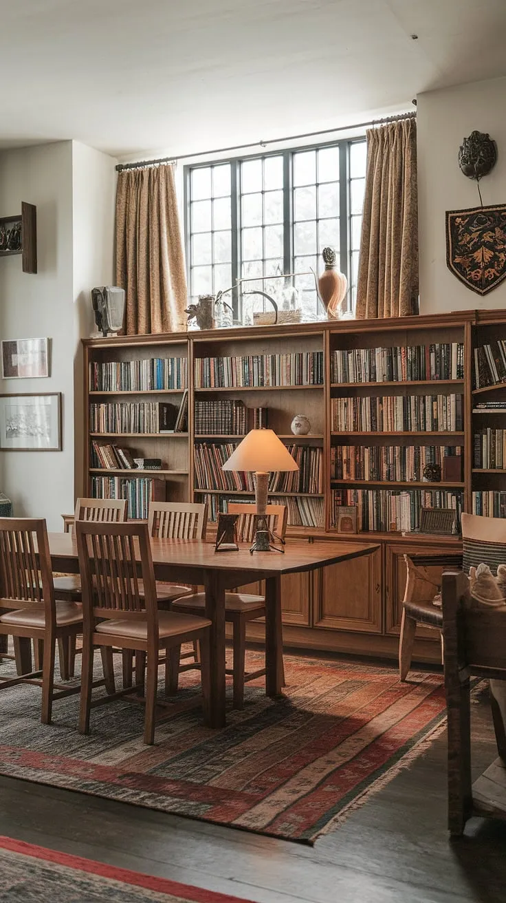 A seamless transition between dining room and home libraries. This dining room combo showcases a stunning library design, creating a unique and inviting space.