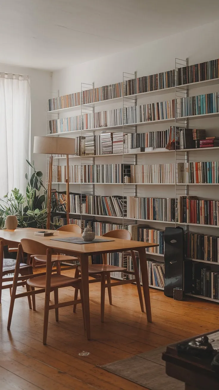 This stunning dining room combo showcases the perfect marriage of function and style. The home library design is cleverly integrated, with a wall-to-wall bookshelf providing ample storage for books, creating a cozy and sophisticated dining room library. A strategically placed plant adds a touch of nature to this versatile space, ideal for both dining and quiet reading. The overall design offers a practical solution for those seeking a multi-functional dining room office within their home libraries.