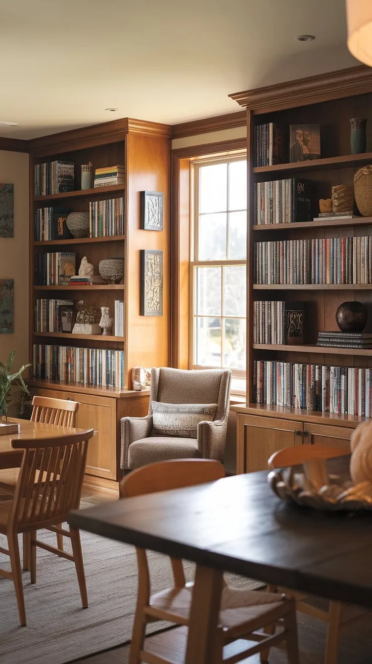 Bathed in warm light, this dining room library combo seamlessly blends the pleasures of a home library design with the functionality of a dining room. Built-in bookshelves flanking a rustic wooden table create a cozy and inviting space, perfect for both intimate dinners and quiet reading sessions. The comfortable armchair by the window completes this charming dining room office, showcasing the best of home libraries.