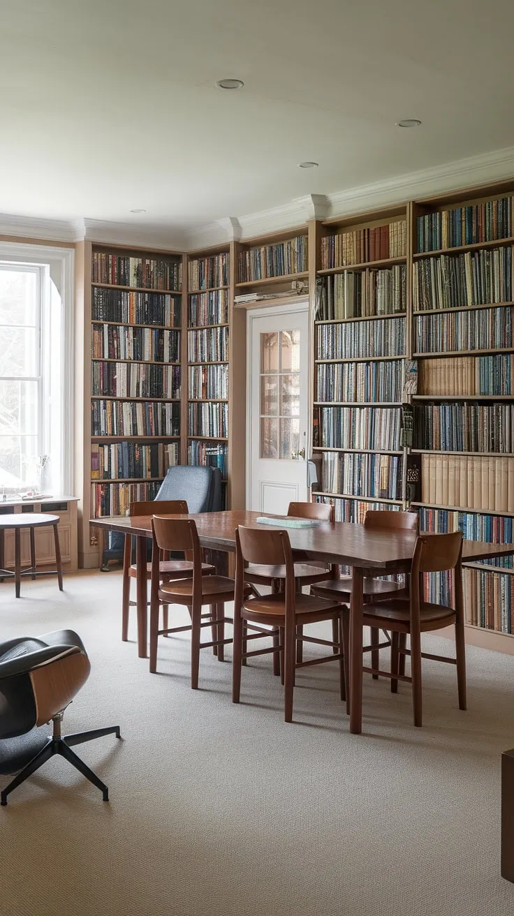 The perfect blend of practicality and elegance, this dining room library combo offers a sophisticated space for both dining and reading. The home library design seamlessly integrates with the dining area, creating a unique and functional home libraries space. Note the thoughtful placement of the dining table, allowing for easy access to both the bookshelves and the window. This dining room office alternative is a testament to clever home library design.