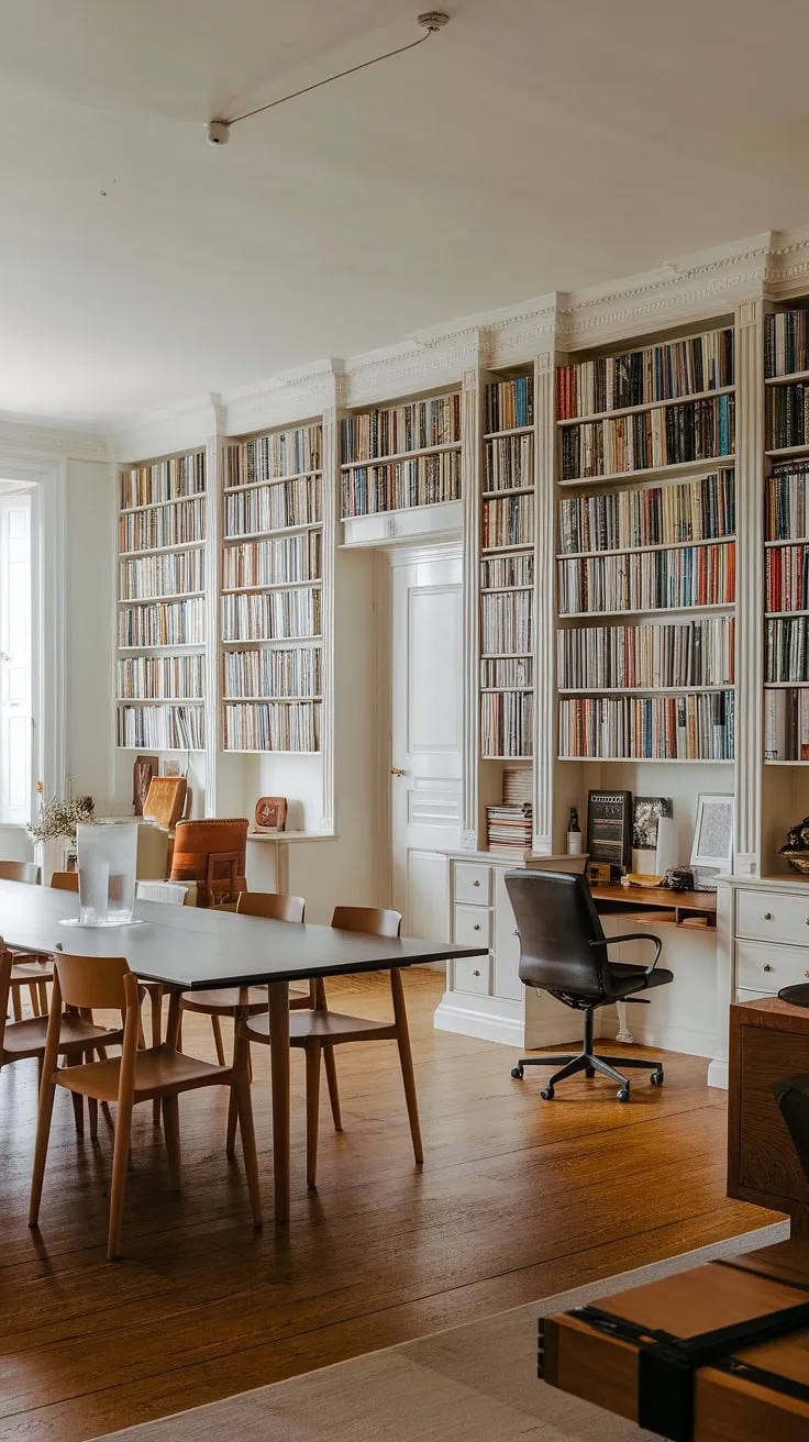 This dining room library combo is the epitome of sophisticated home libraries. The perfect blend of dining room and library design, this space offers a unique dining room office and a haven for book lovers.