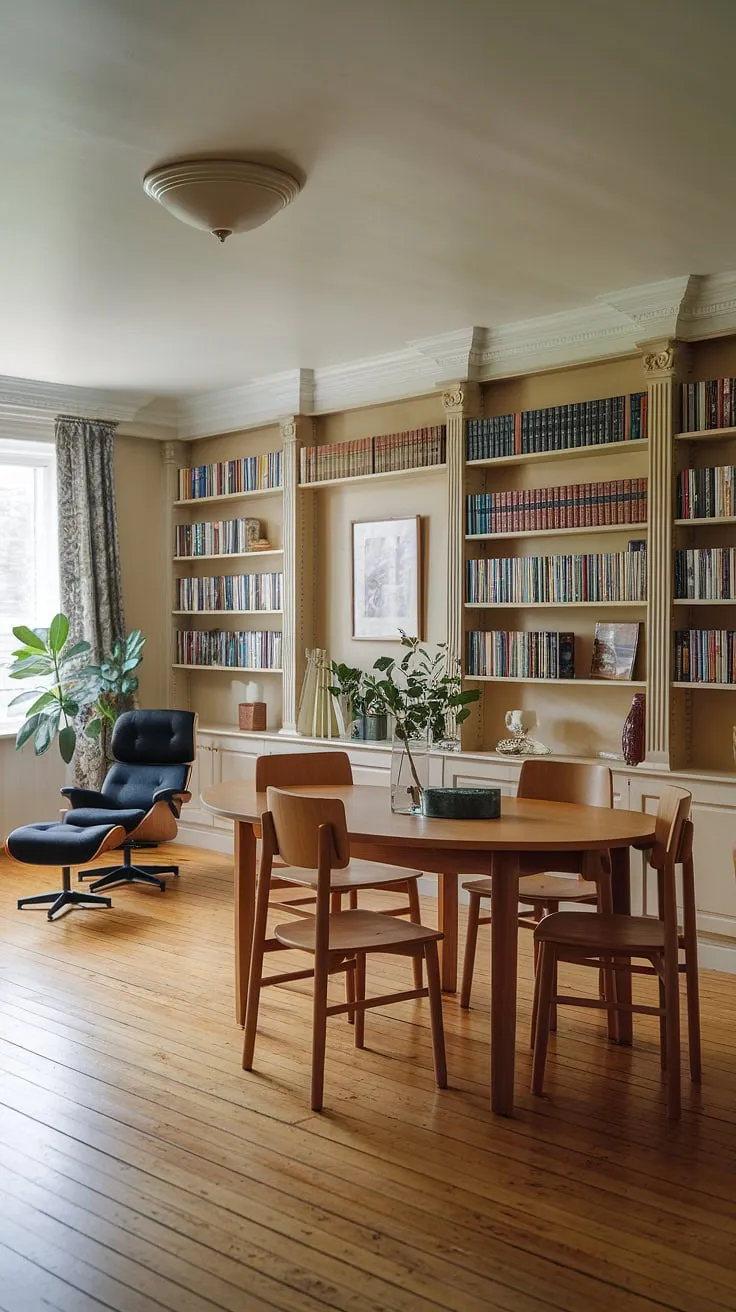 A seamless transition between dining room and home library. This dining room combo showcases a sophisticated library design, creating a versatile space for both work and relaxation—the ultimate dining room office.