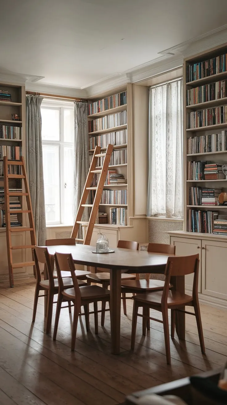This stunning dining room library showcases a beautiful home library design. The rich wood tones of the dining table and floor complement the built-in bookshelves, creating a warm and inviting atmosphere. A ladder leans against the shelves, adding a touch of whimsy to this functional dining room combo. The natural light filtering through the window enhances the overall ambiance of this home libraries space, making it the perfect spot for both meals and quiet reading. The integration of the library into the dining room offers a unique and efficient use of space, blurring the lines between a dining room office and a personal sanctuary.