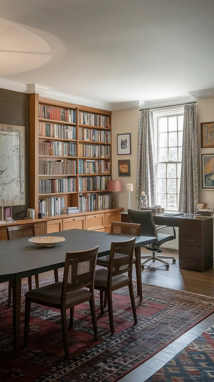Where culinary creations meet literary adventures: a stunning dining room library combo perfect for both feasts and deep dives into your favorite books. This home library design seamlessly blends the dining room office and creates a space for both work and relaxation.