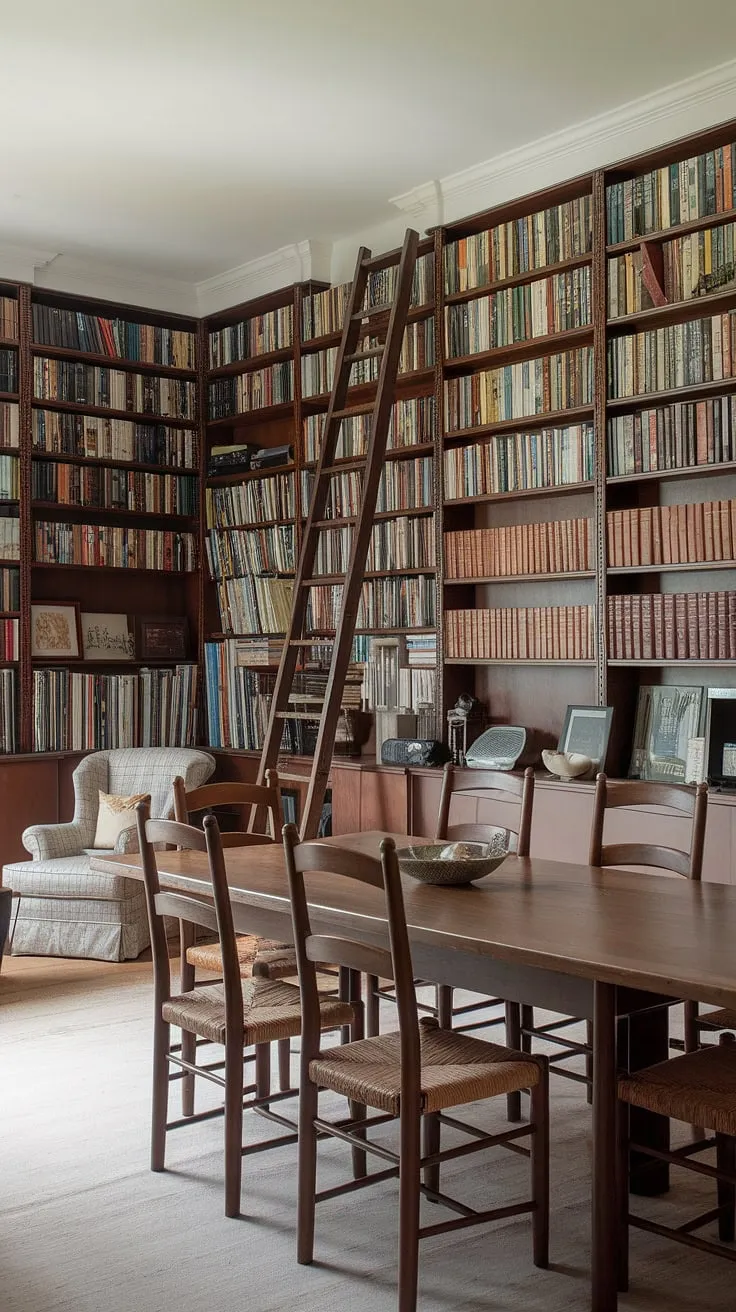A dream come true: a seamless dining room library combo. This home library design effortlessly combines the warmth of a dining room with the quiet charm of a personal library, offering a unique dining room office and a haven for book lovers.