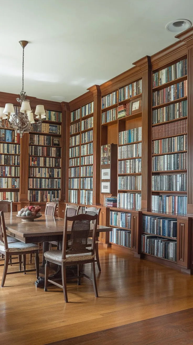 A stunning dining room library combo showcasing the best of home libraries. This unique dining room office seamlessly integrates a library design, creating a space for both work and relaxation.