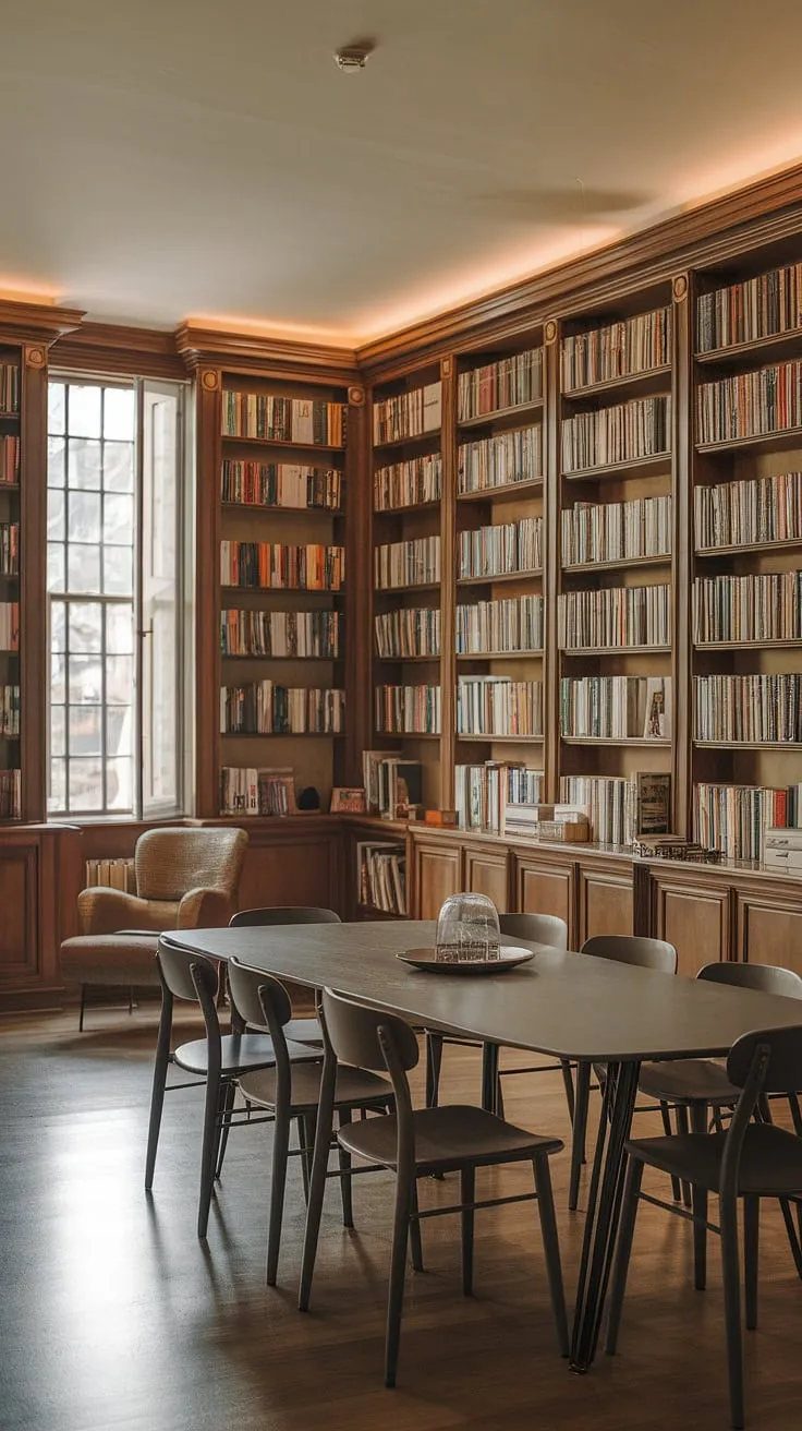 Bathed in warm light, this dining room library combo seamlessly blends the pleasures of dining and reading. The large dining table anchors the space, surrounded by built-in bookshelves overflowing with volumes, a testament to the thoughtful home library design. A cozy reading chair by the window completes this inviting dining room office, showcasing the best of home libraries and library design.