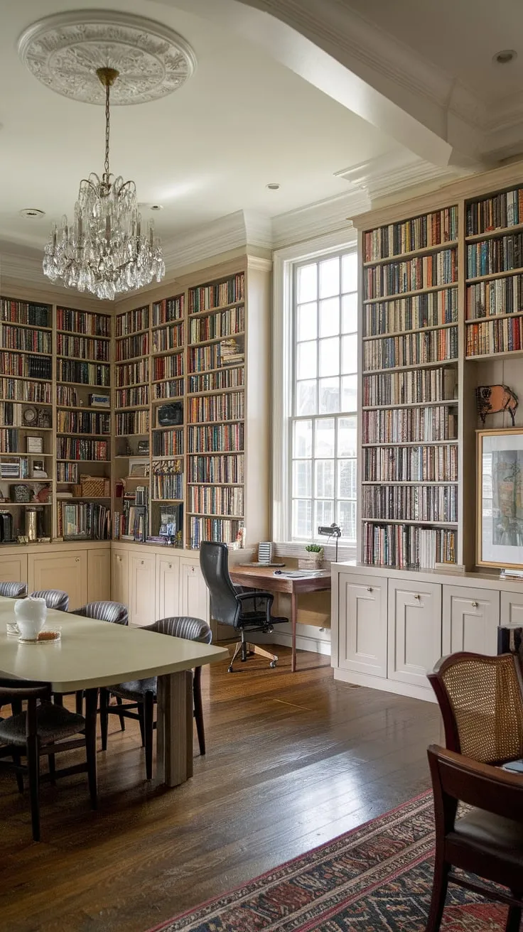 A stunning dining room library combo showcasing the perfect blend of functionality and style. The high ceilings and elegant chandelier create a grand atmosphere, while the extensive bookshelves lining the walls transform the space into a haven for book lovers. A nearby desk provides a quiet workspace, completing this exceptional home library design, a true testament to thoughtful dining room office and home libraries integration.