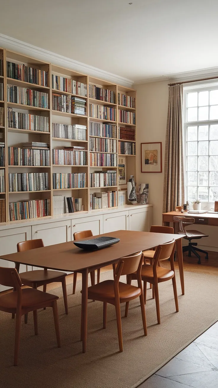 A seamless flow between dining room and home libraries: this dining room combo offers a unique space for both feasting and reading, showcasing exceptional library design.