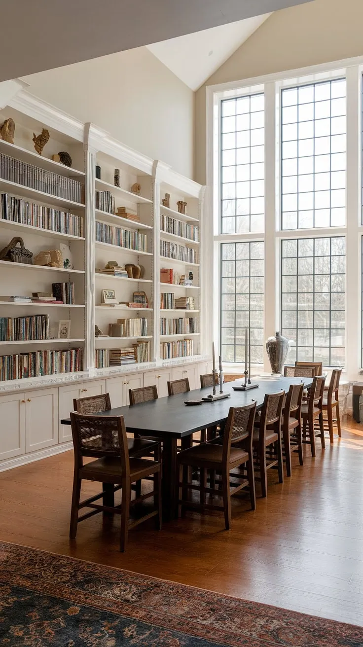 Sunlight streams through large windows illuminating a stunning dining room library combo, where a long dining table sits invitingly amidst towering bookshelves brimming with literary treasures and decorative accents. This home library design seamlessly blends the functionality of a dining room office with the cozy charm of a personal library, creating a space perfect for both grand meals and quiet contemplation. The rich wooden floors and high ceilings add to the grandeur of this exceptional home libraries space.