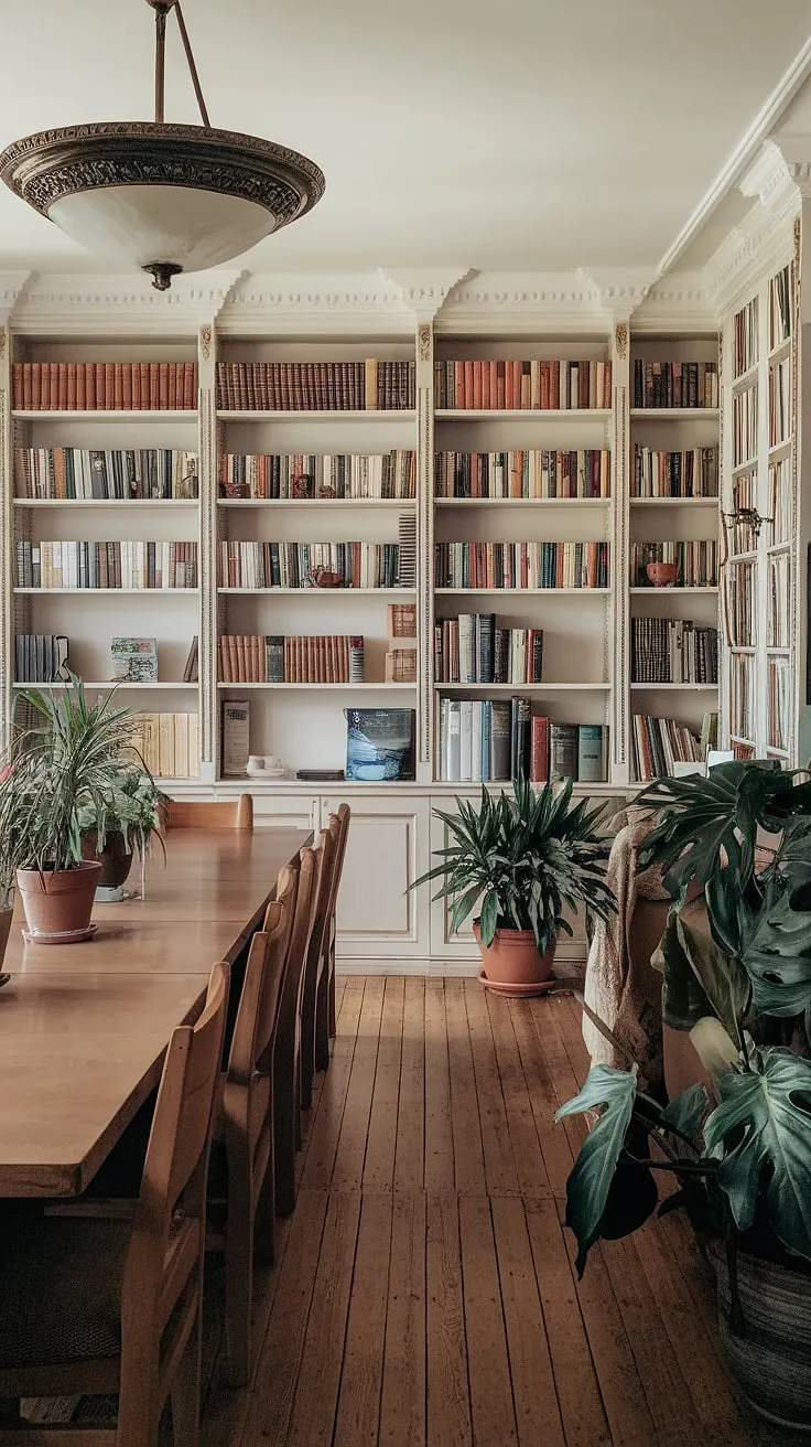 The perfect blend of practicality and elegance, this dining room library combo seamlessly unites a long wooden dining table with a curated home library. The built-in bookshelves, topped with a statement light fixture, create a sophisticated home library design, while the addition of potted plants softens the space, transforming it into a welcoming dining room office and a haven for book lovers. This dining room combo offers the best of both worlds.
