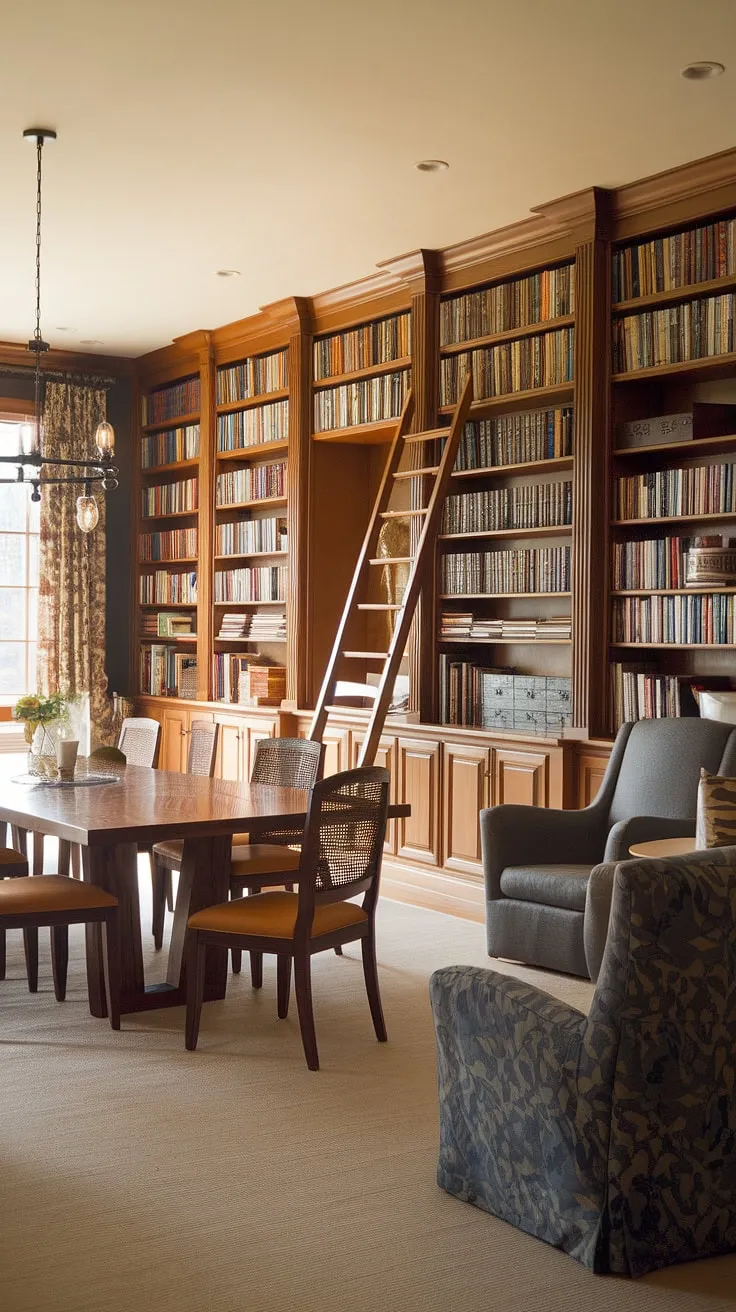 A home library design dream: this dining room library combo seamlessly unites the joy of reading with the warmth of shared meals, creating a unique dining room office and a haven for book lovers.
