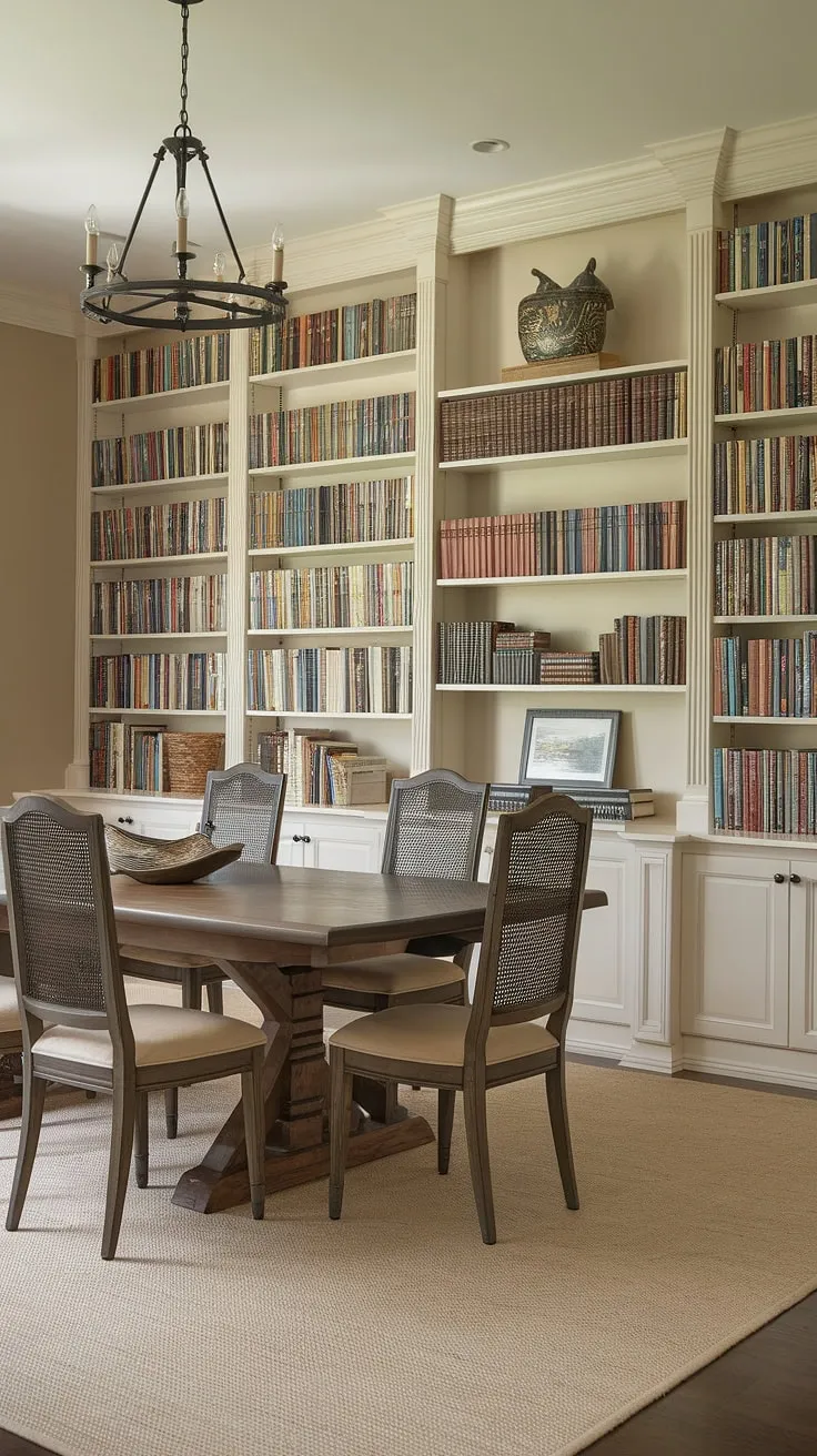 This stunning dining room library combo seamlessly blends the warmth of a traditional dining space with the sophisticated charm of a home library. The rich wooden dining table anchors the room, surrounded by floor-to-ceiling bookshelves overflowing with literary treasures and decorative accents. A perfect example of home library design, this space offers a unique and functional blend of dining room office and library functionality.