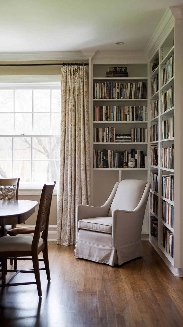 A seamless transition between dining room and home library. This dining room combo showcases a unique home libraries design, ideal for those who appreciate both good food and good books. The perfect dining room office alternative.